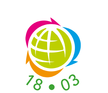 Global recycling day logo: green globe with multicoloured recycling arrows and the date 18.03