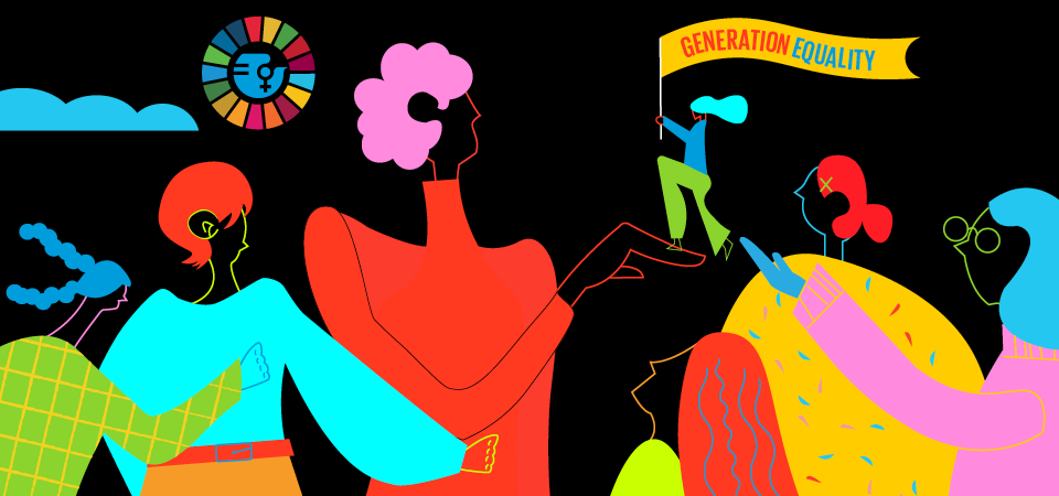 Colourful silhouettes of female figures, one holding a banner that says generation equality