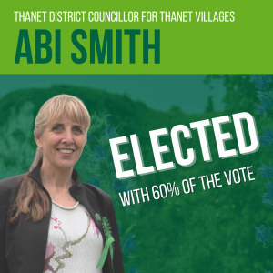 Infographic with text: Thanet District Councillor for Thanet Villages Abi Smith elected with 60% of the vote, with a picture of Abi