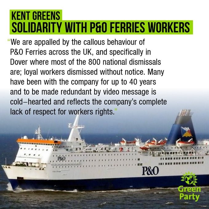 Green Party branded graphic showing a P&O ferry with the heading Kent Greens Solidarity with P&O Ferries workers and the first two sentences of the press statement