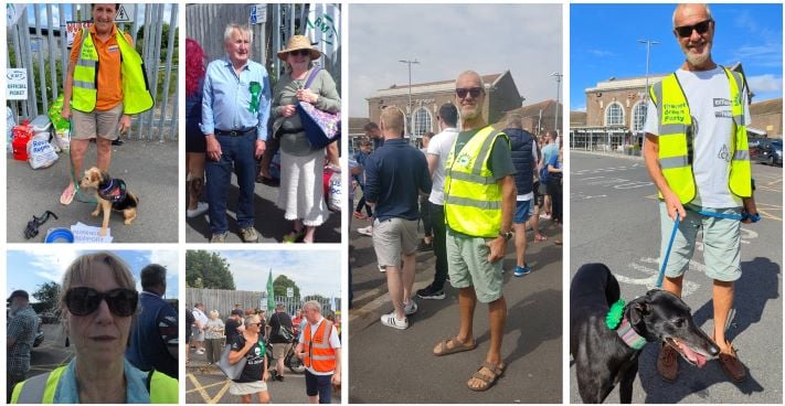 Collage of 6 photos showing Green Party Councillors and members joining the RMT pickets at Ramsgate station