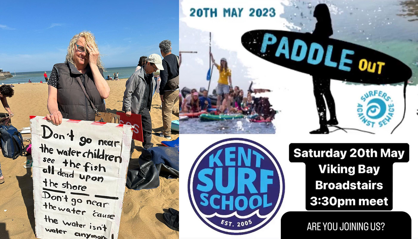 Photo and poster from Big Paddle Out Protest at Viking Bay Broadstairs showing Fi O'Connor