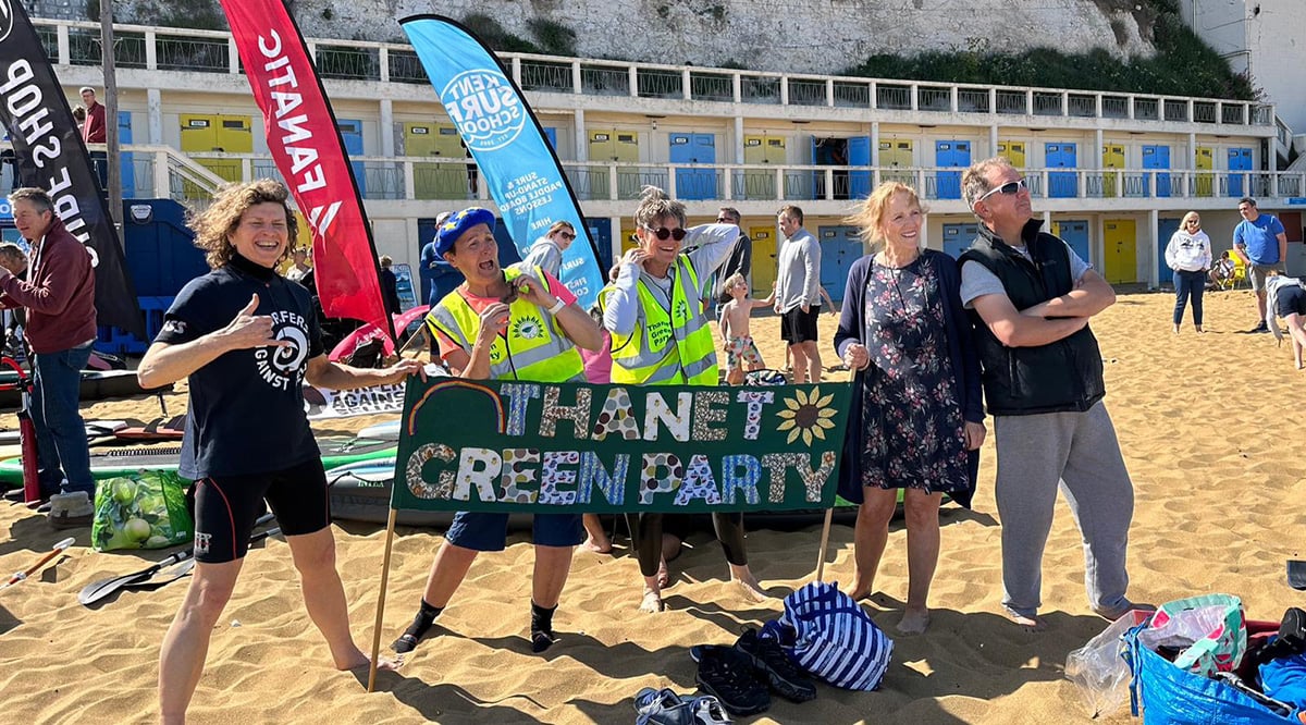 Thanet Green Party members at Big Paddle Out Protest at Viking Bay Broadstairs