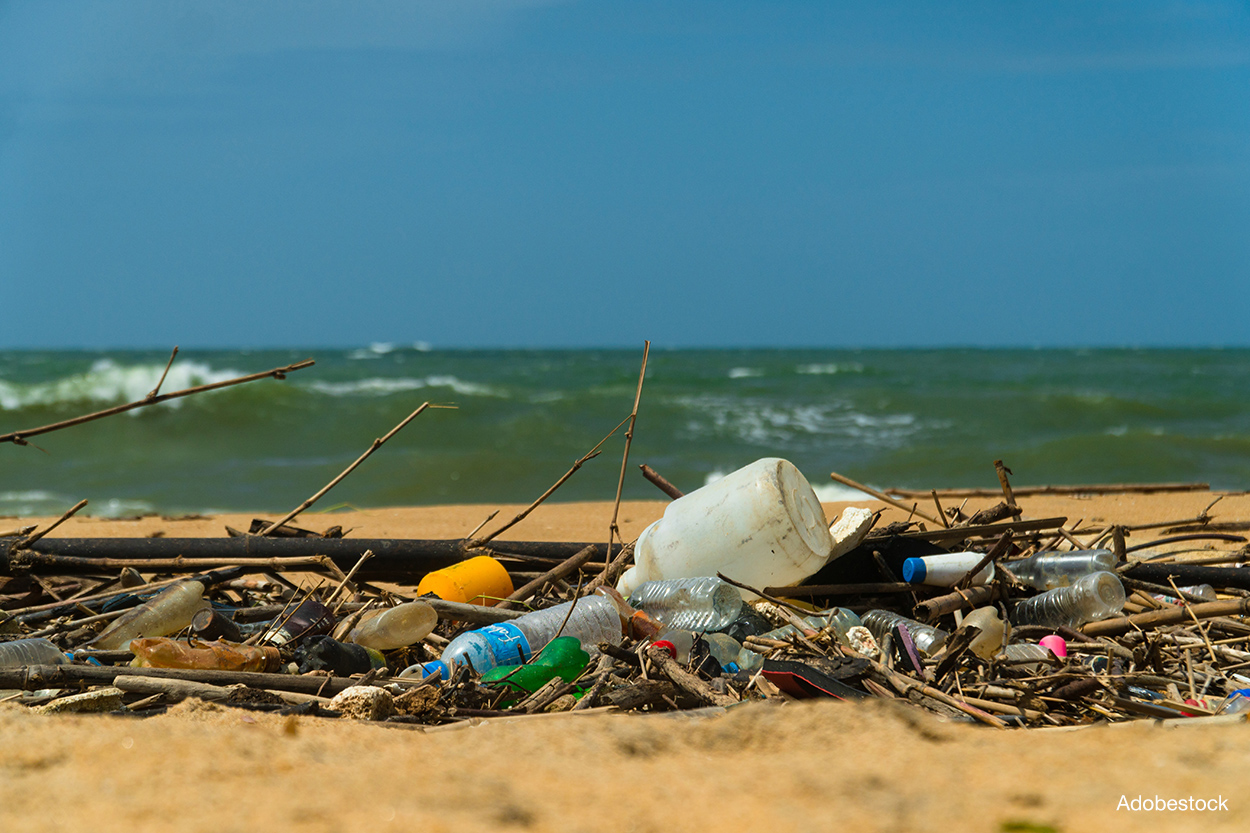 Discarded plastic debris trash pollution after sea swell storm,